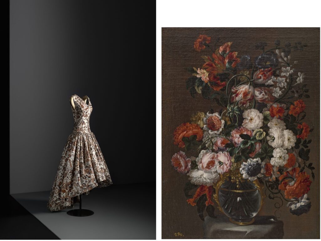 ARS MAGACINE. Cristóbal Balenciaga. Vestido de noche, 1960. Colección de Pilar Escrivá de Romaní Mora/ Gabriel de la Corte. Jarrón con flores, segunda mitad del siglo XVII. Colección Gerstenmaier